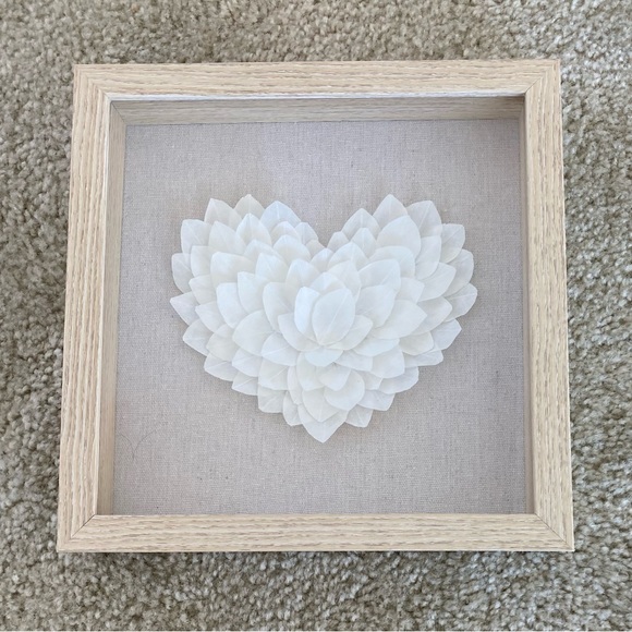 Wall Decor Handmade Framed Art White Heart Paper Feathers Wooden